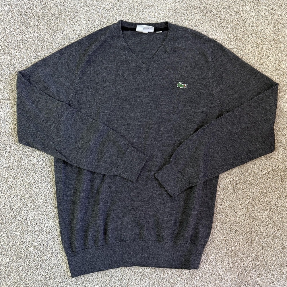 Lacoste Sport Sweater Mens Medium Gray Wool Tight Knit V Neck Pullover Logo